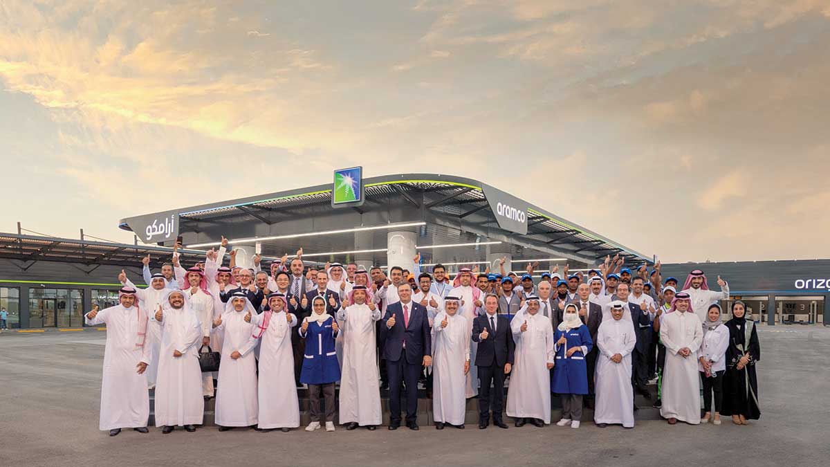 Aramco and Total officials celebrate launch of Saudi Arabia Service Stations with the Aramco brand name in Riyadh