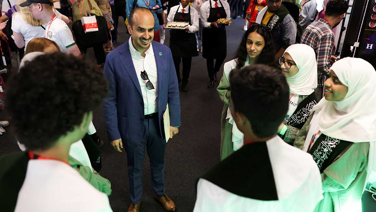 Aramco's Khalid A. Al Zamil speaks to F1 in Schools competitors in England