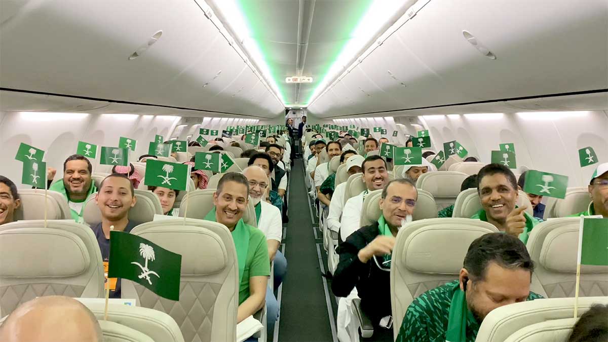 Maryam Abed aboard the Aramco flight to the 2022 FIFA World Cup game between Mexico and Saudi Arabia