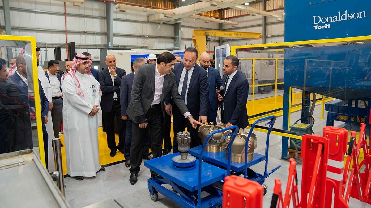 Aramco EVP of Upstream Nasir K. Al-Naimi touring SLB drill manufacturing plant in Dammam