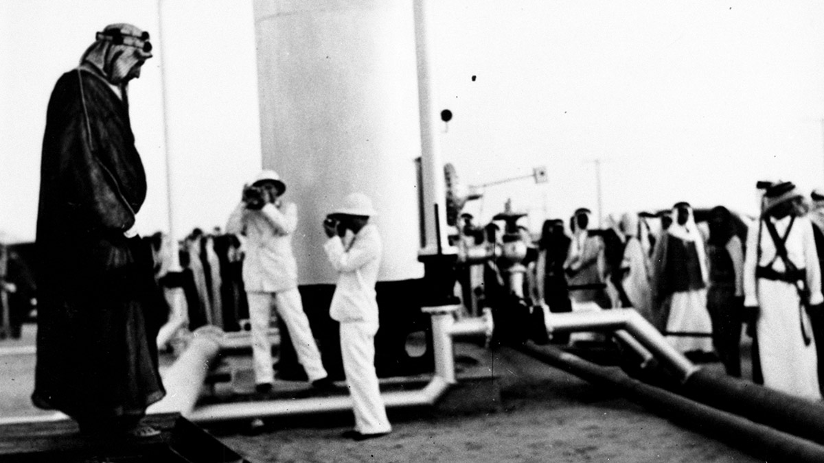 King Abdulaziz at Dhahran gas trap in 1939